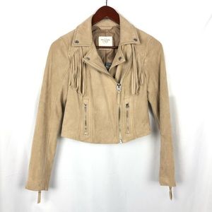 Abercrombie Suede tan fringe cropped moto jacket
